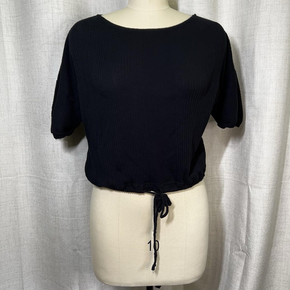 Free People Beach Top Ribbed Shirt Women's Small Black Tie Front Short Sleeves